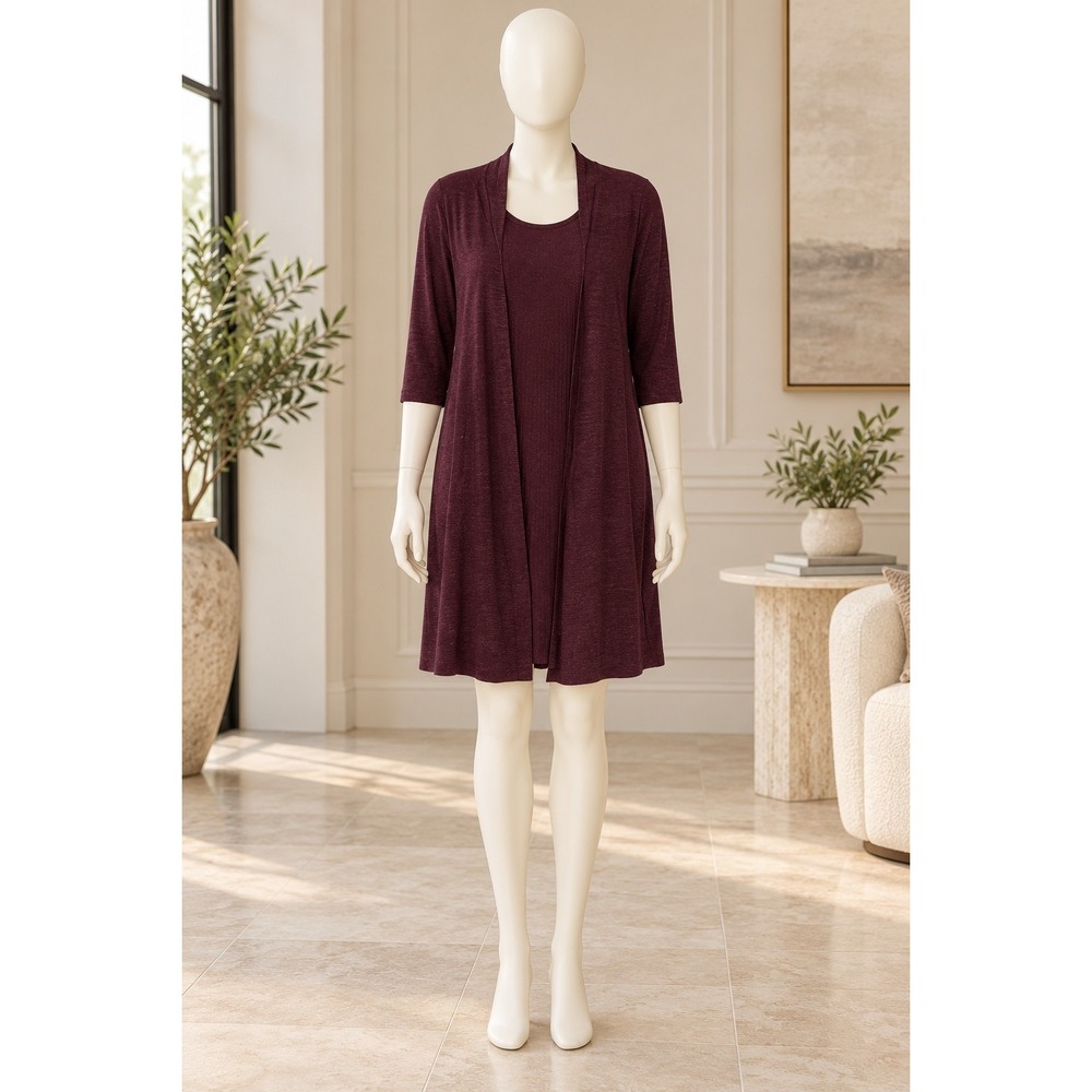 Connected Apparel Womens Cardigan Dress Set Burgundy Ribbed Knit Size 14 Wide